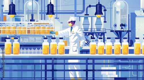 Production line worker or technologist in uniform working in chemical industry and checking quality of liquid soap. photo