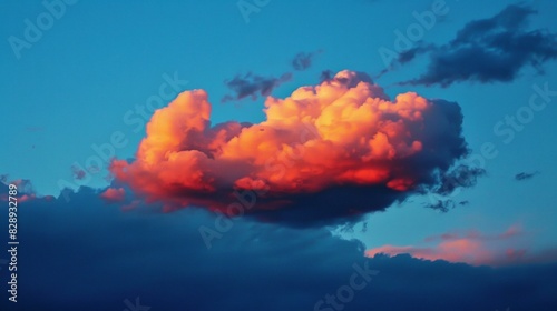 Close-up of a single cloud ablaze with vibrant sunset colors, contrasted against a darkening blue sky photo