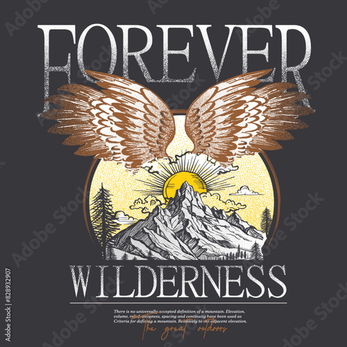 Vintage graphic design for mountain vibes, forever wilderness typography text print design, sunset inside the mountain, the great Outdoors for women's, girls t-shirt print, Rock and roll with wing 
