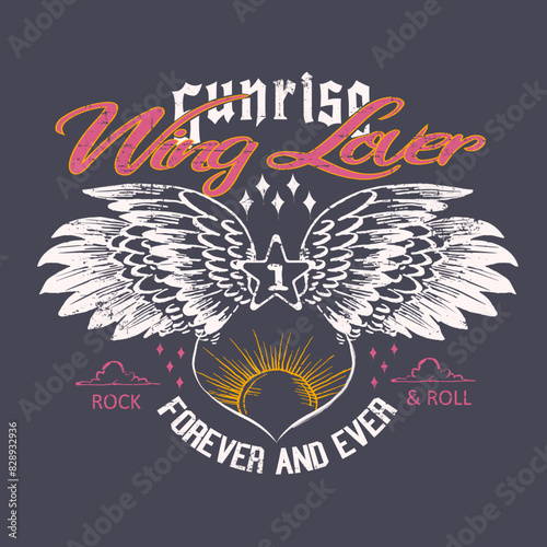 Rock and Roll Vibes wing print artwork, vintage retro color women's graphic tee , slogan text for wing lover, forever ever , sunrise under the wings