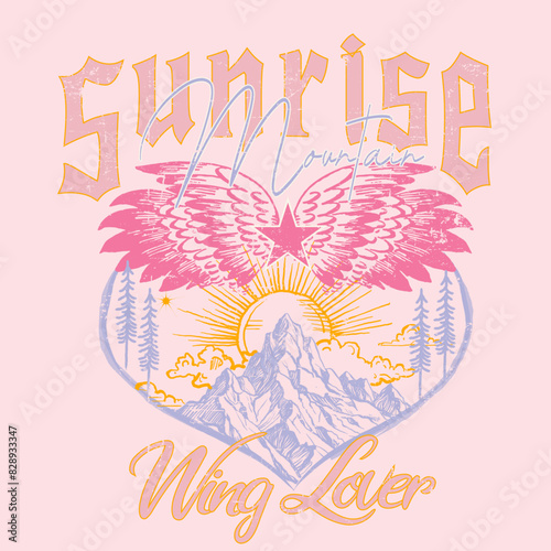 sunrise the mountain wing lover vintage t-shirt print graphic , slogan typography autumn winter vibes text print, wing , sun, mountain star, pain tree text mixed together love shape , women's girls 