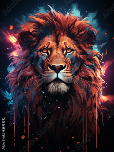 T-shirt design featuring a forward-facing lion, full moon backdrop, styled as a neon abstract poster, high- contrast