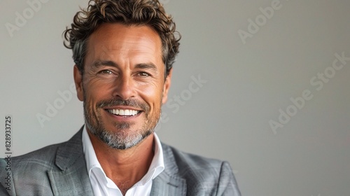 businessman exuding confidence and charisma, his warm smile lighting up the frame against a clean white backdrop