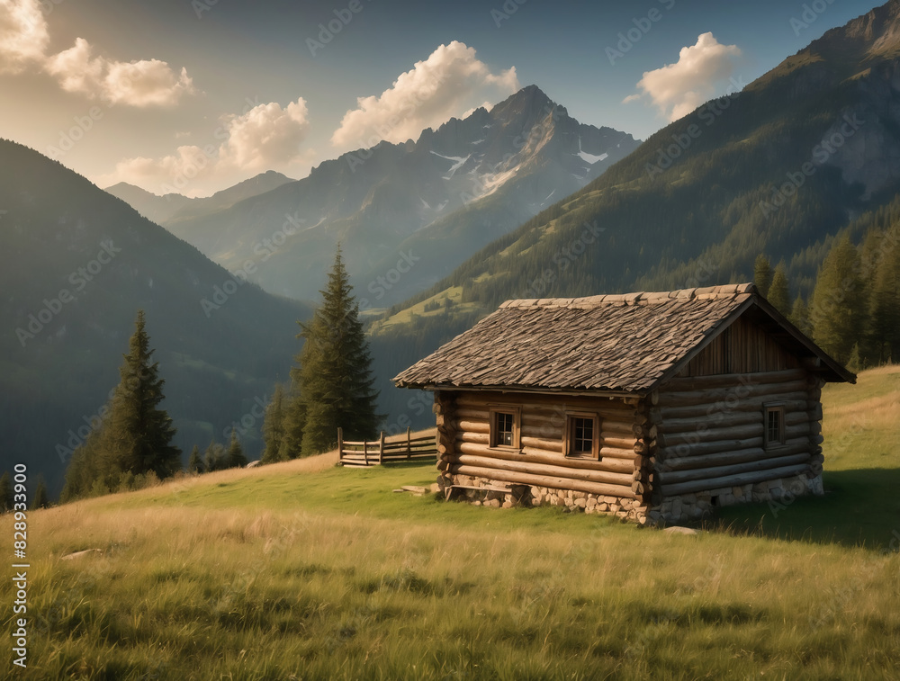 Quaint Log Cabin in the Bavarian Alps Surrounded by Majestic Mountains and Tranquil Green Meadows Quaint Log Cabin in the Bavarian Alps Surrounded by Majestic Mountains and Tranquil Green Meadows