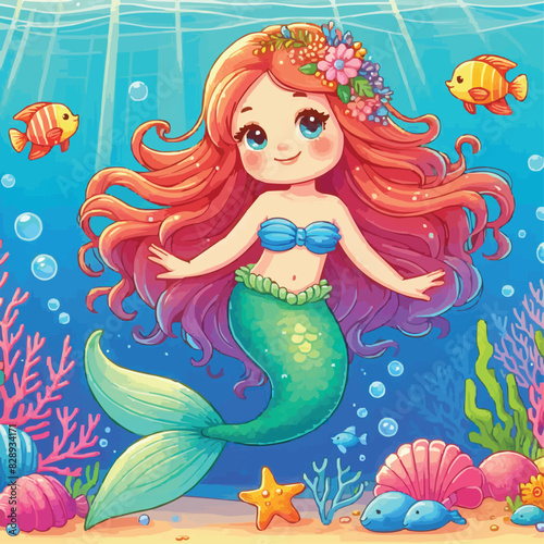 A little Mermaid swimming in the underwater sea