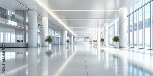 A broad image of an empty, modern airport terminal with sleek design, bright lighting, and a futuristic appearance