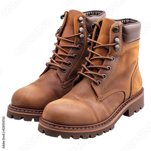 Brown Leather Work Boots with Laces Isolated Without Background photo