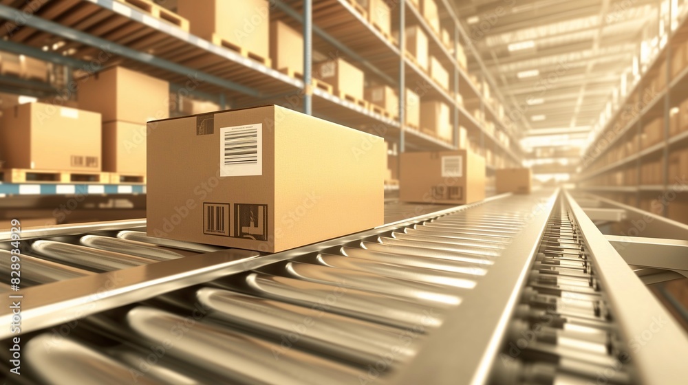 Fototapeta premium a lot of cardboard boxes on a conveyor belt in a modern warehouse. Generative ai