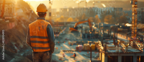 an architect or foreman in a construction helmet and vest observes the progress of construction work at the construction site from the summit. Generative ai