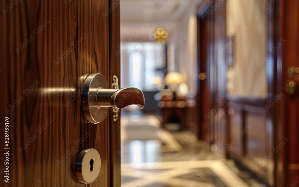 Obraz premium A detailed view of a door handle on a wooden door, showing intricate design and texture
