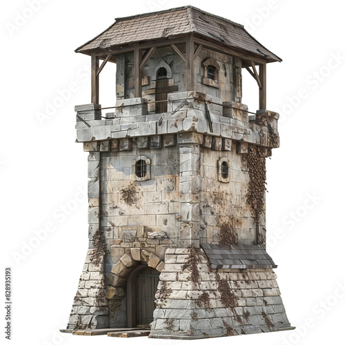 Medieval Stone Watchtower with Wooden Roof Isolated without Background photo