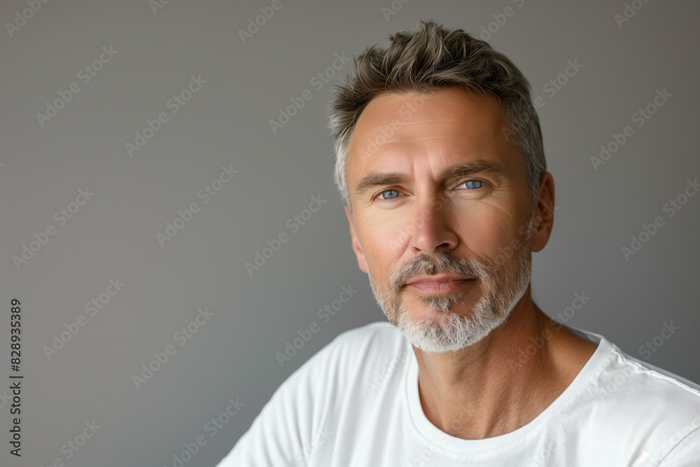 middle-aged man with a thoughtful expression, wearing a white t-shirt, light grey background middle-aged man with a thoughtful expression, wearing a white t-shirt, light grey background