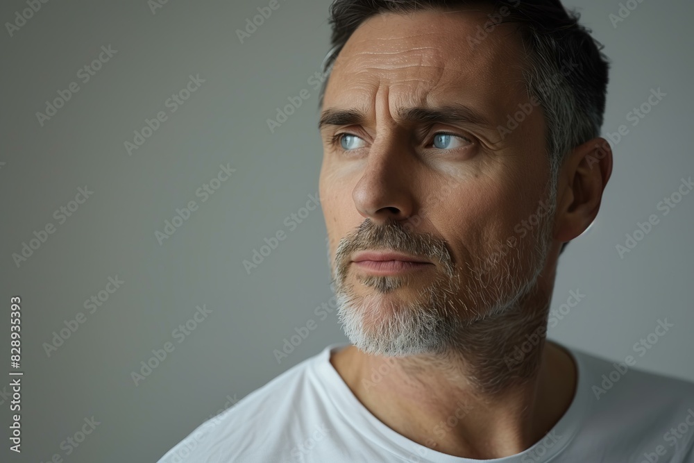 middle-aged man with a thoughtful expression, wearing a white t-shirt, light grey background middle-aged man with a thoughtful expression, wearing a white t-shirt, light grey background