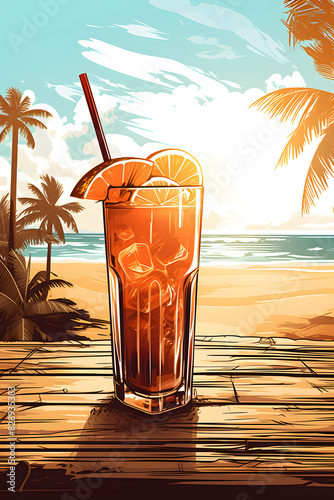 illustration vintage style cocktail at a beach bar  drinking a cocktail at the beach illustration