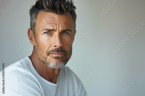 middle-aged man with a thoughtful expression, wearing a white t-shirt, light grey background