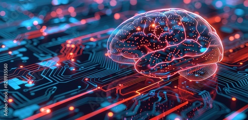 A technology and artificial intelligence concept themed background with square shapes on top of red and blue glowing circuit lines