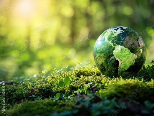 A vibrant Earth Day image featuring a green globe nestled in a mossy forest with bright sun rays. The beauty of nature, environmental friendliness, preservation of the planet. AI © Iryna