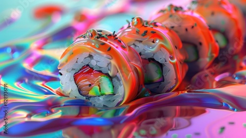 Rainbow Sushi Roll with salmon. Generative Ai.