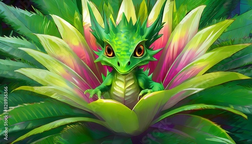 a small bright green dragon is looking out from inside a giant Bromeliad flower. The dragon has highly detailed iridescent and glowing scales © Muhammad