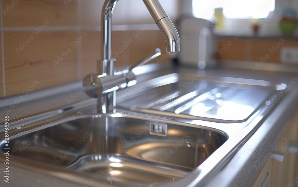 A modern stainless steel kitchen sink with a faucet in focus A modern stainless steel kitchen sink with a faucet in focus