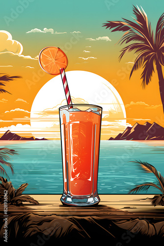 illustration vintage style cocktail at a beach bar, drinking a cocktail at the beach illustration