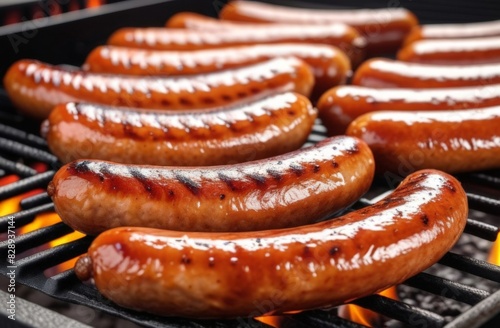 High angle of appetizing grilled sausages with sauce on metal barbecue grid on backyard at night
