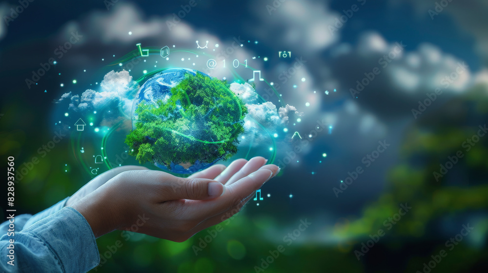 A hand gently cradles a digitally enhanced globe surrounded by greenery and technology icons, symbolizing the harmony between nature and modern advancements. A hand gently cradles a digitally enhanced globe surrounded by greenery and technology icons, symbolizing the harmony between nature and modern advancements.