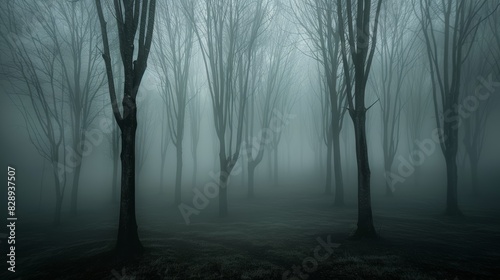 Foggy forest with shadowy trees, ideal for a mysterious and atmospheric background design