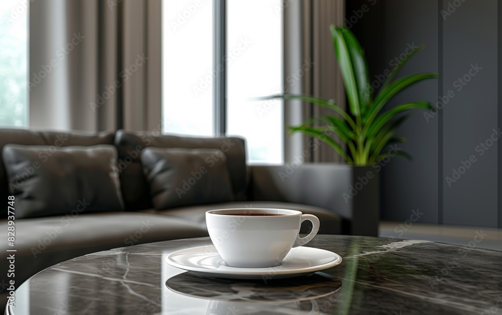 A coffee cup resting on a table in a contemporary living room setting A coffee cup resting on a table in a contemporary living room setting