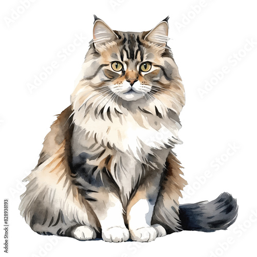 Siberian Cat Hand Drawn Watercolor Painting Illustration