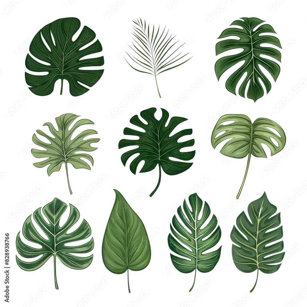 Fototapeta premium Collection of Green Tropical Leaves Various Shapes and Sizes Isolated PNG