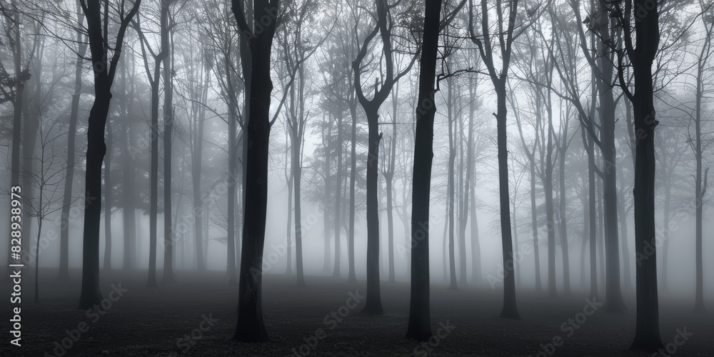 Silhouetted trees in a foggy forest, perfect for a mysterious and haunting visual effect Silhouetted trees in a foggy forest, perfect for a mysterious and haunting visual effect