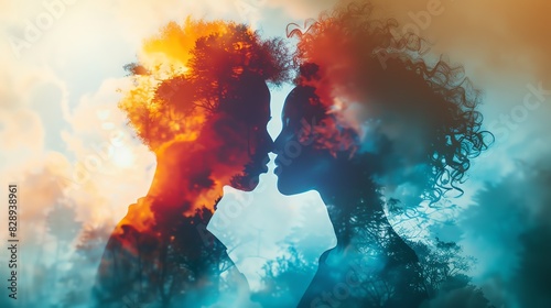 Artistic silhouette of two people facing each other, blending with colorful abstract background symbolizing unity and connection. © AArt