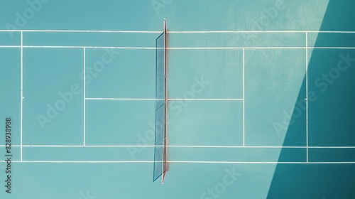 An overhead view of a tennis court with perfectly aligned lines and a clear blue sky above. photo
