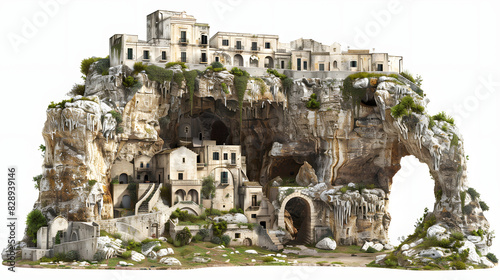 View of the ancient town of matera, sassi di matera in basilicata, southern italy. grotto cave on sassi di matera isolated on white background, hyperrealism, png
 photo
