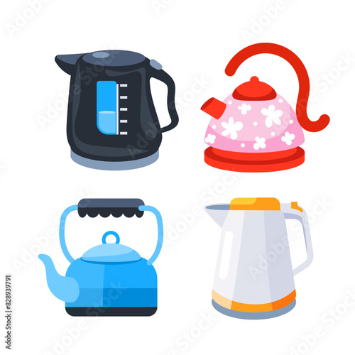 Tea kettles set. Kitchen tableware collection. Electric teakettle. Classic porcelain teapot