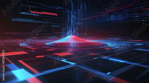 Technology concept informative abstract digital data flow background illustration with red and blue lights bright foreground and dark background. Web  internet  connection etc.