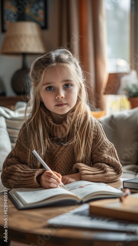 A little girl is seated at a table with a book and pen, focused on her homework