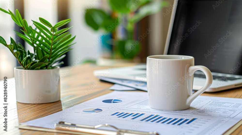 Close-up of a desk with a coffee mug, plant, documents, and a laptop, creating a productive and modern workspace environment. Close-up of a desk with a coffee mug, plant, documents, and a laptop, creating a productive and modern workspace environment.