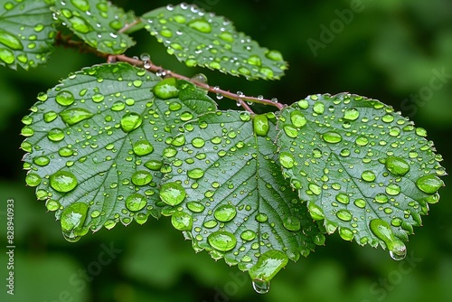 Close-up of green leaves covered in dew drops after a fresh rain, showcasing nature's beauty and intricate details. photo