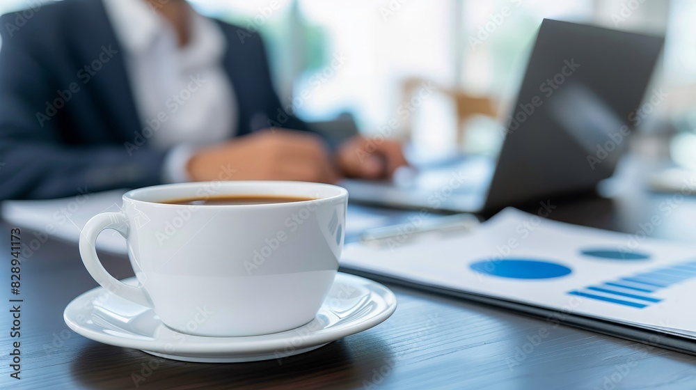 A business setting with a focus on a cup of coffee, papers, and a laptop. A businessman is blurred in the background, suggesting a busy workplace. A business setting with a focus on a cup of coffee, papers, and a laptop. A businessman is blurred in the background, suggesting a busy workplace.