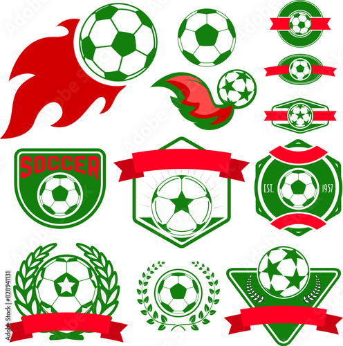 Set of Soccer logos, badges and design elements. Collection symbol of football: soccer ball, heraldry, insignia. Vector illustration.