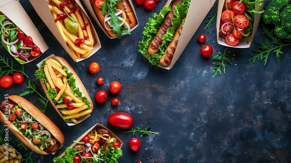 A vibrant and delicious spread of gourmet hot dogs, fries, and fresh vegetables on a rustic blue surface. Perfect for food lovers and culinary presentations.