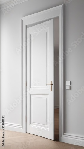 empty white wall with a white opened door. vertical.