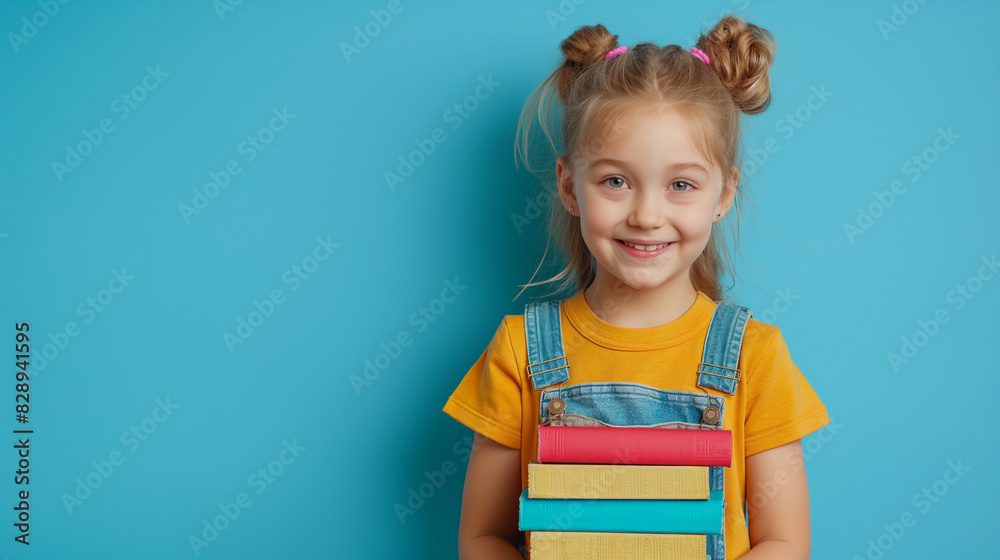 Little smiling girl holding stack of books on blue background
Little smiling girl holding stack of books on blue background