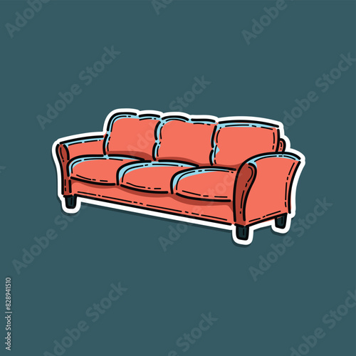 Sofa and couches red colorful vector cartoon illustration isolated in a blue background. Stylish comfortable red sofa with orange pillows. Mid century modern furniture, interior element. Elegant couch