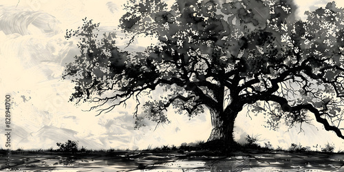 Lone Old Oak Tree Standing in Field	