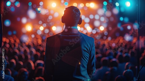 Portrait of a speaker wearing a headset providing motivation and guidance to the audience. Motivation, guidance, seminar concept. © MINHOO