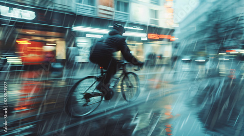 Cycling in the rain. Motion blur photo of a person cycling in the rain through the city at night. © kosarit