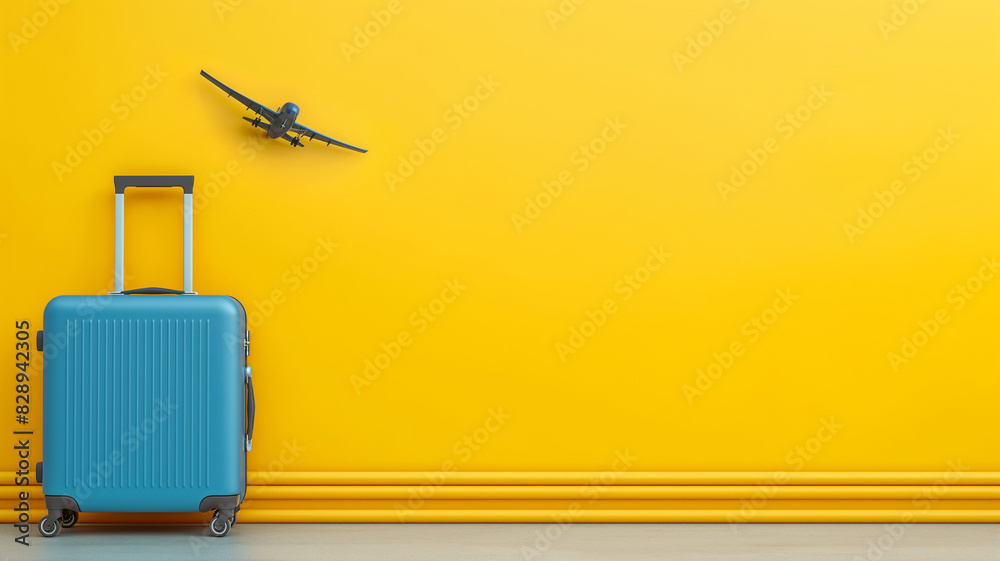 bright blue suitcase on a yellow background in anticipation of travel and vacation bright blue suitcase on a yellow background in anticipation of travel and vacation